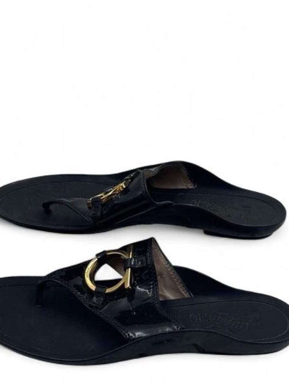 Salvatore Ferragamo Black Patent Leather Thong flip flop Sandals with Gold - Picture 2 of 8